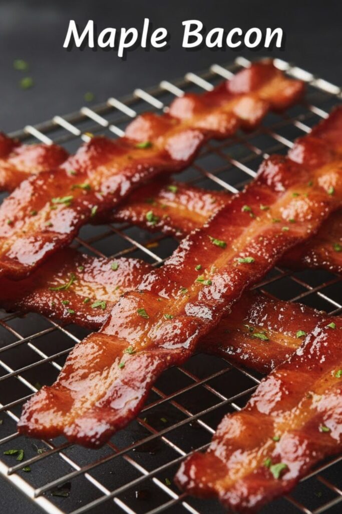 Close-up of glossy, deep brown, candied Maple bacon strips resting on a cooling rack. Text overlay reads: Maple bacon.