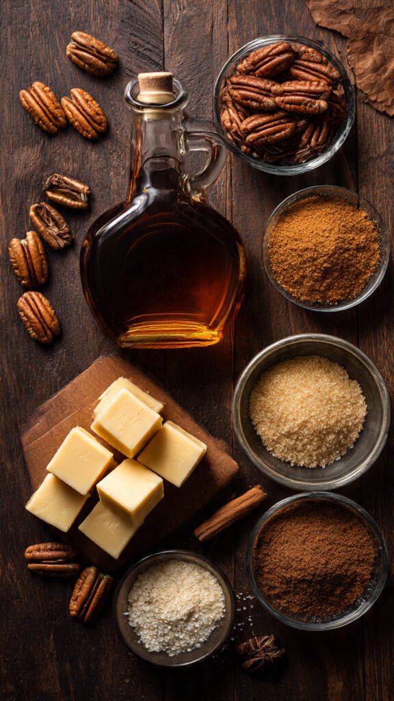 A high-quality collage image showing all the simple ingredients: pure maple syrup bottle, whole pecans, butter, cinnamon, and sugar, artistically arranged with autumn elements.