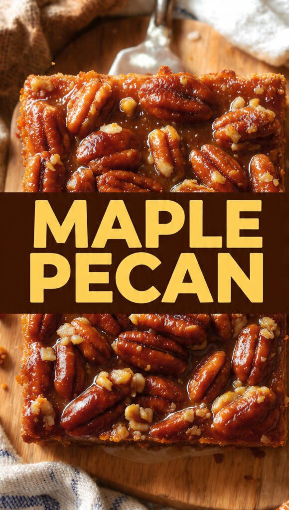 A close-up, vibrant overhead photo of a gooey maple pecan baked bar or roll, showing the sticky caramelized topping and whole pecans, featuring the bold text overlay: MAPLE PECAN