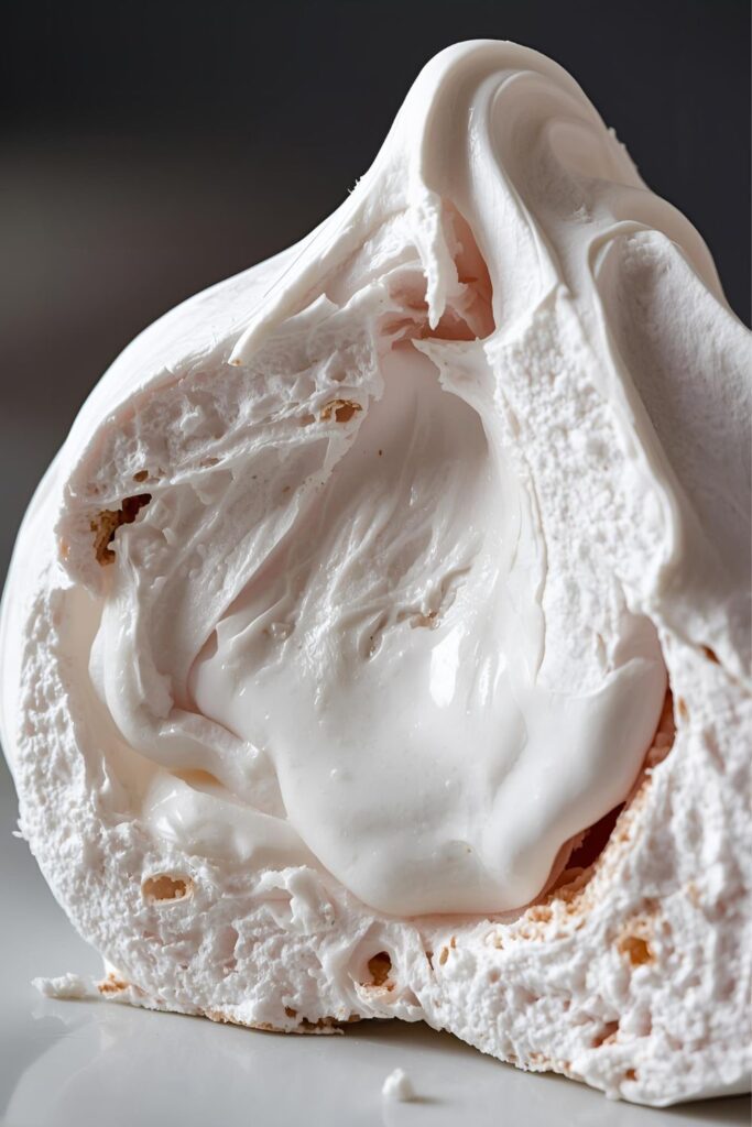 Extreme close-up of a single Mini Pavlova sliced open to show the contrast between the brittle, white exterior and the soft, marshmallowy, chewy center)