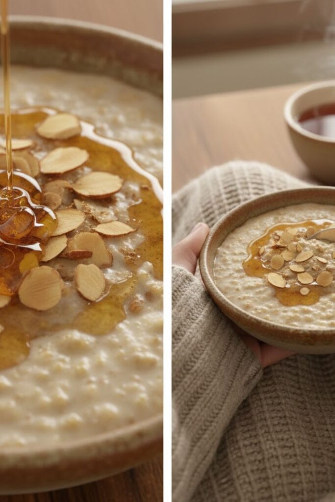 Two separate, styled images: one close-up of the oats, and one shot of the oats being eaten with a spoon.