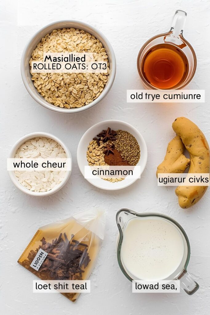 Flat lay collage of all ingredients for Masala Chai Oatmeal: oats, spices, milk, and tea bag.