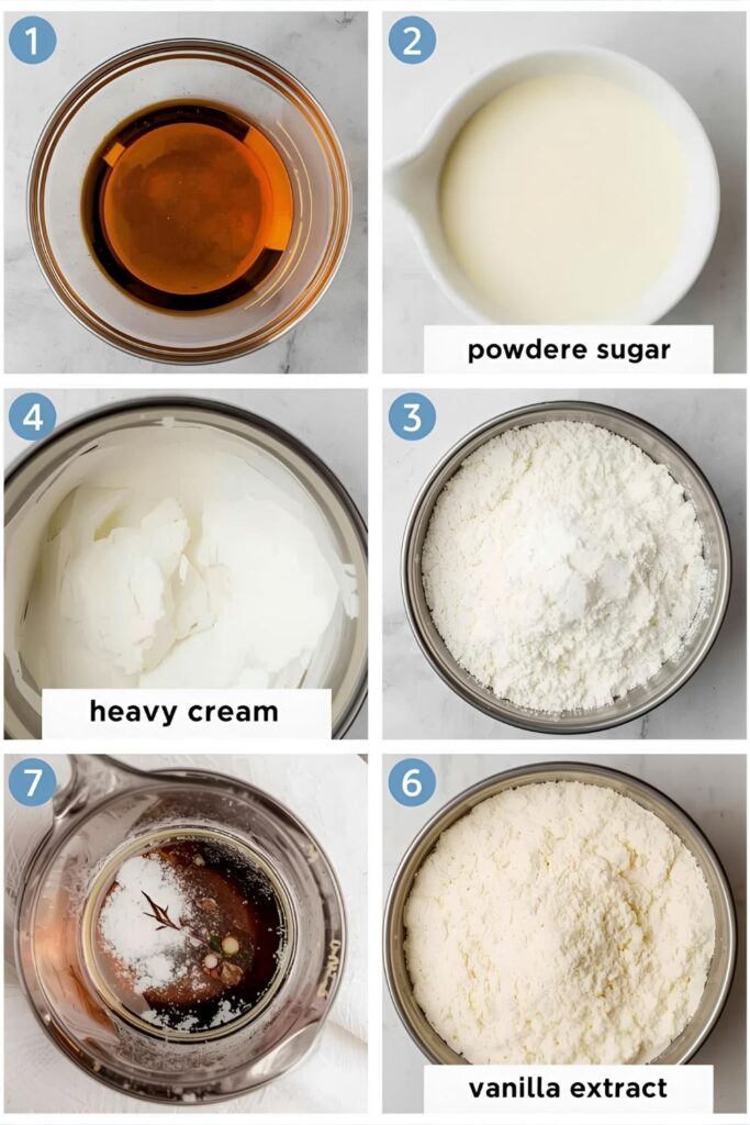 Ingredient collage for Mascarpone Whip showing mascarpone cheese, heavy cream, powdered sugar, and vanilla extract.