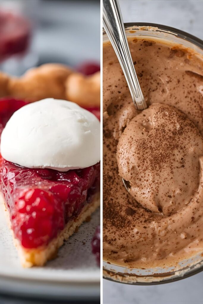 Macro view of two Mascarpone Whip variants: one topping a berry tart, and a spoonful of the coffee Kahlúa version with cocoa.