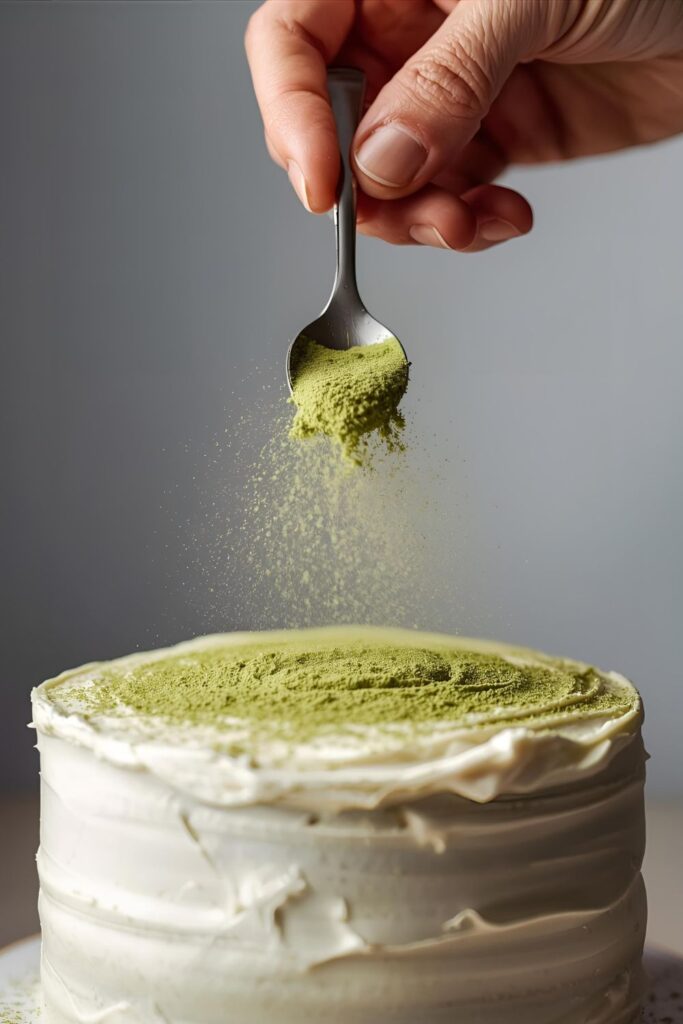 A macro close-up of a hand dusting the top of a finished matcha cake with a spoonful of fine matcha powder.