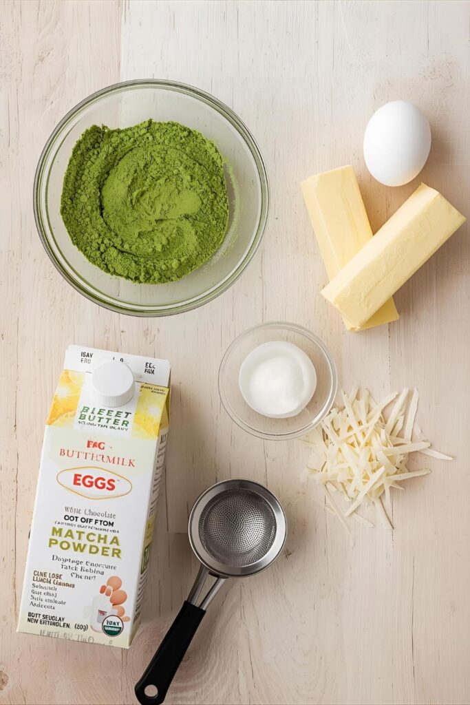 An overhead flat-lay of ingredients for matcha cake, including bright green matcha powder, butter, eggs, and buttermilk.