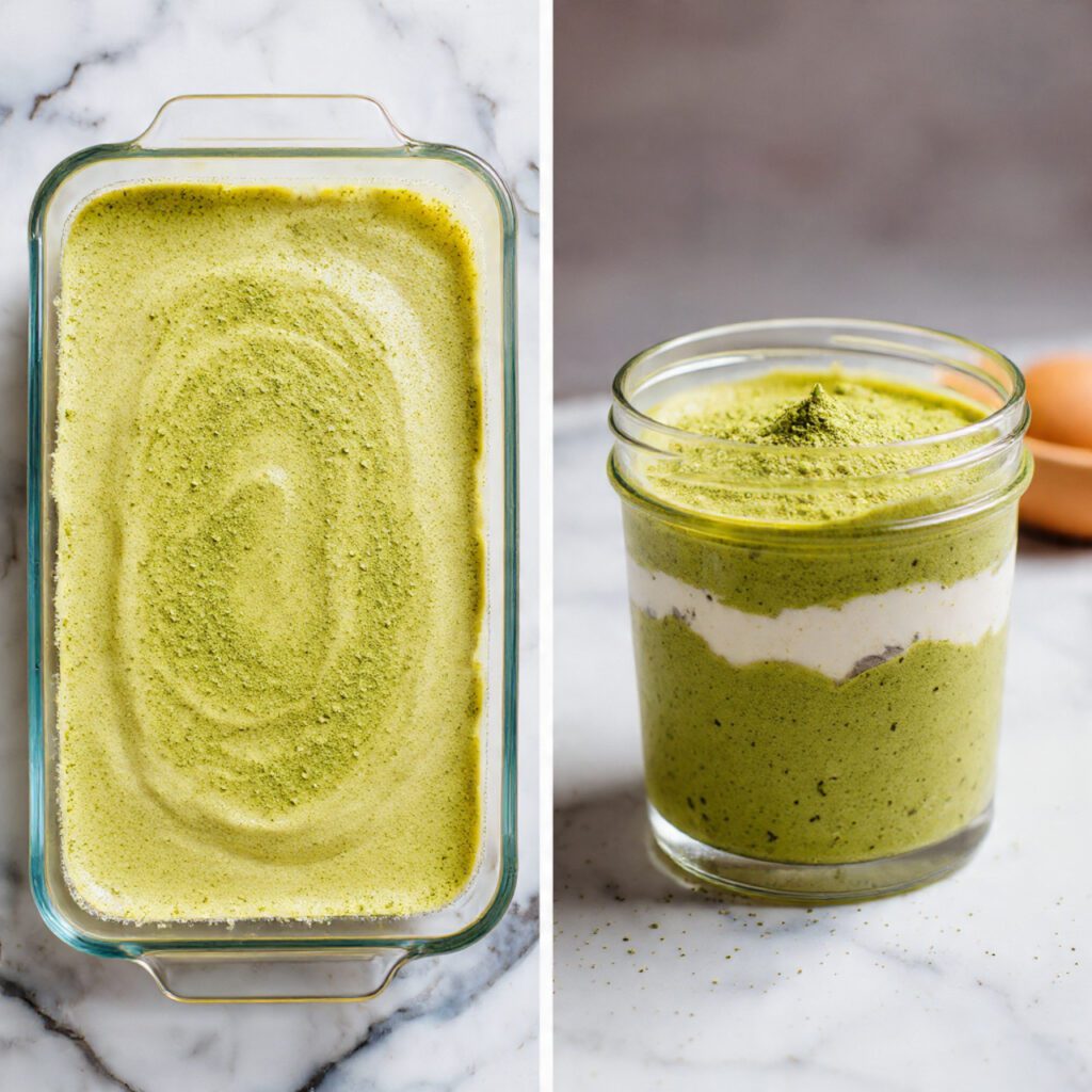 Two views of Matcha Tiramisu: a full dish view and a close-up of an individual serving in a glass cup.