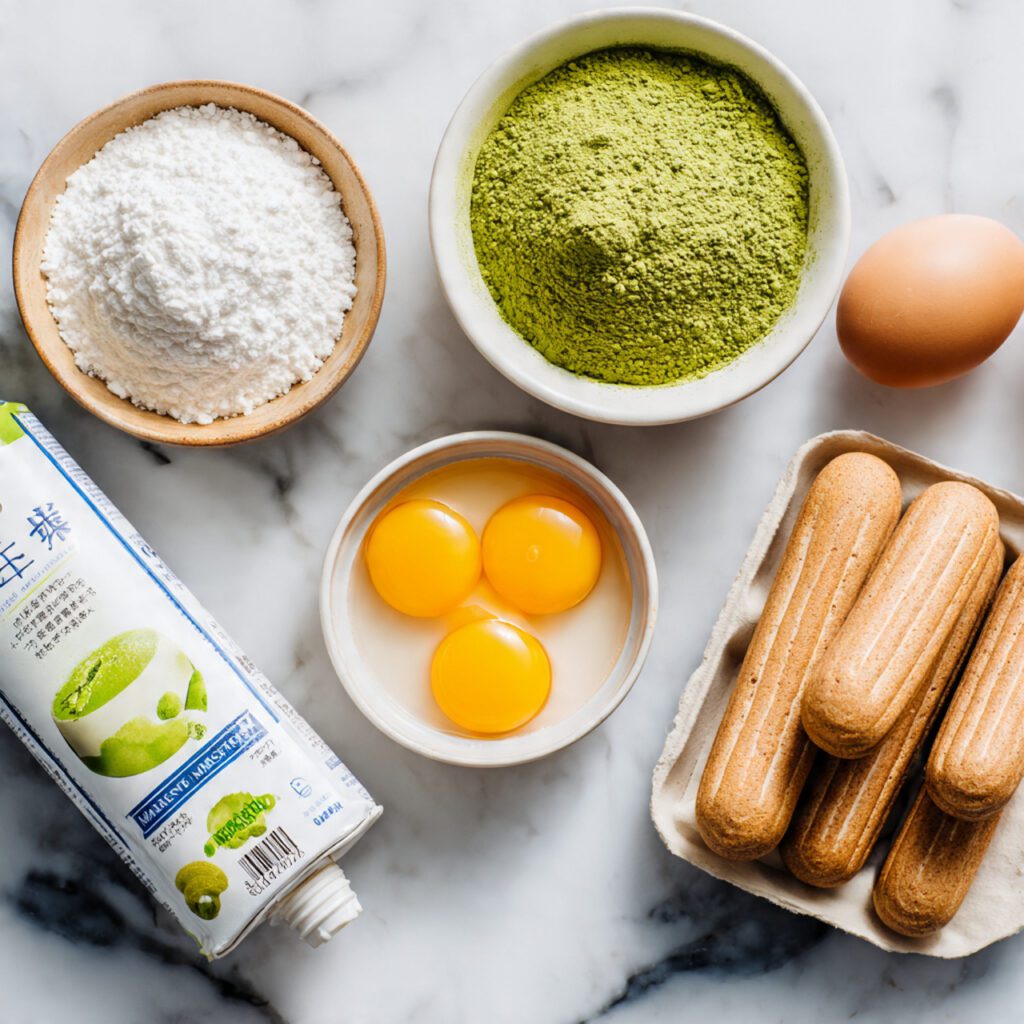 Flat lay collage of Matcha Tiramisu raw ingredients: ladyfingers, mascarpone, matcha powder, and eggs.