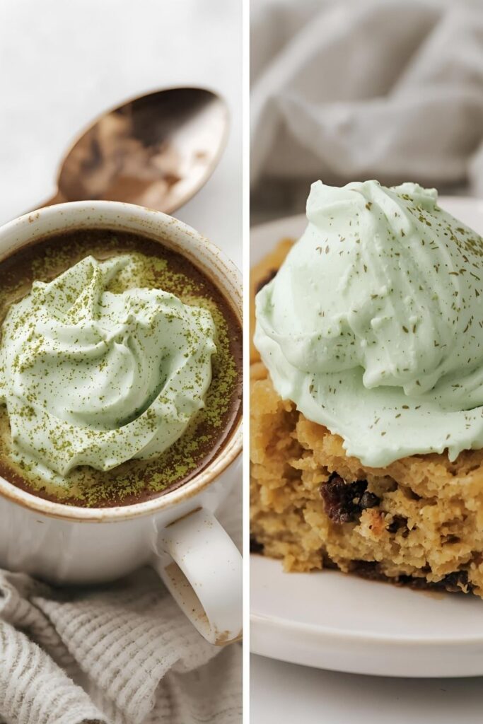 A dual image featuring two servings: On the left, a large dollop of Matcha whipped cream on a warm mug of hot chocolate, dusted with matcha powder. On the right, a close-up scoop of the cream used to frost a piece of cookie monster cake.