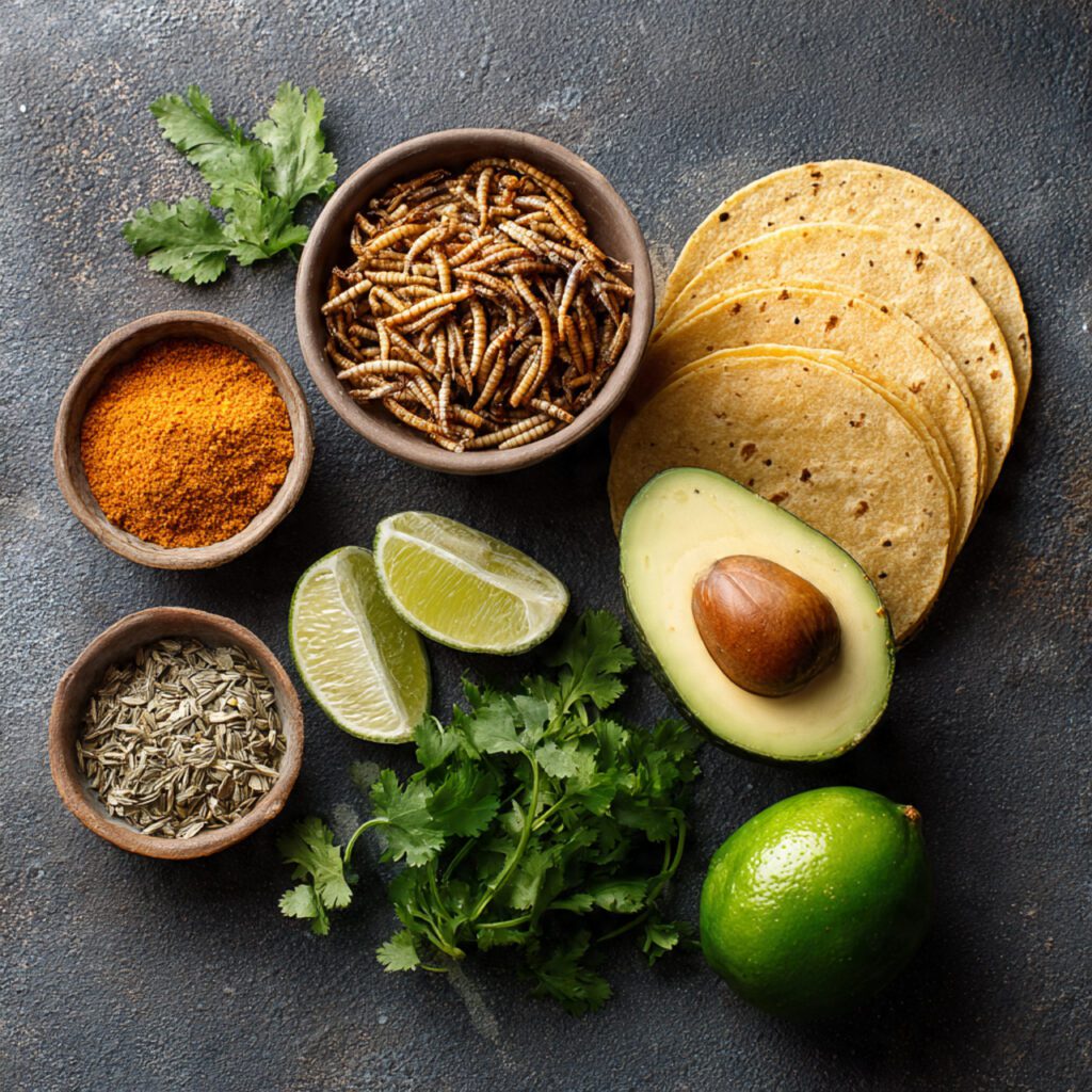 A flat lay collage showing the essential ingredients: a small bowl of dried mealworms, taco seasoning spices, corn tortillas, fresh lime halves, and a whole avocado.