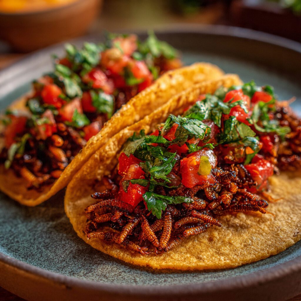 Two servings of Mealworm Tacos. One is a wide shot of two fully assembled tacos on a plate, and the other is an extreme close-up showing the crunchy, spiced texture of the toasted mealworm filling and the vibrant salsa topping.