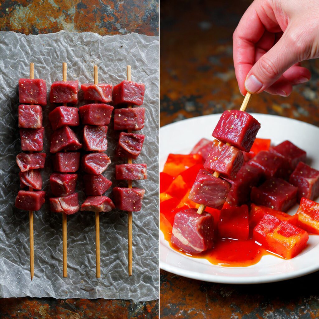 Two views of Meat Sword Skewers: finished skewers resting after grilling and a close-up of food being slid off the skewer with a fork.