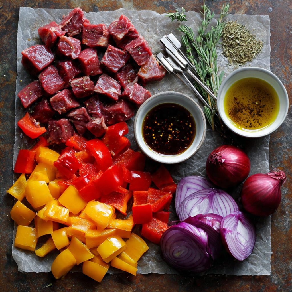 Flat lay collage of Meat Sword Skewers raw ingredients: cubed steak, vegetables, marinade components, and metal sword skewers.