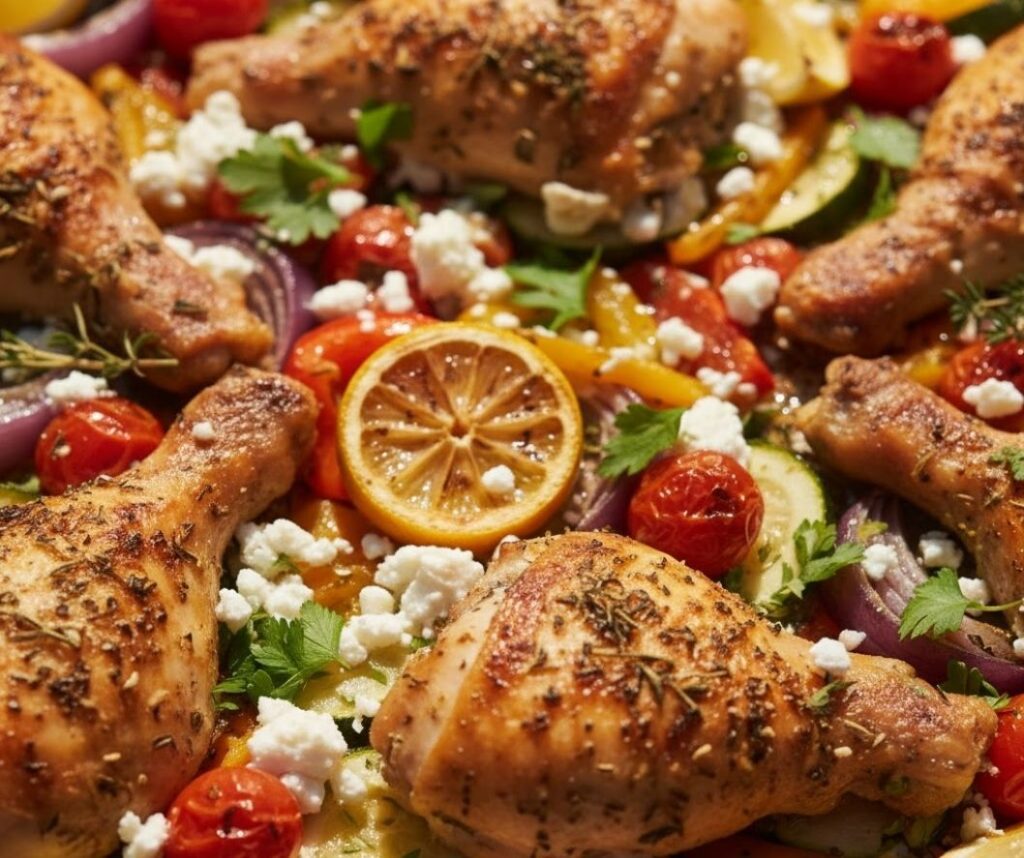 Close-up of roasted Mediterranean chicken and blistered tomatoes on a sheet pan with feta.