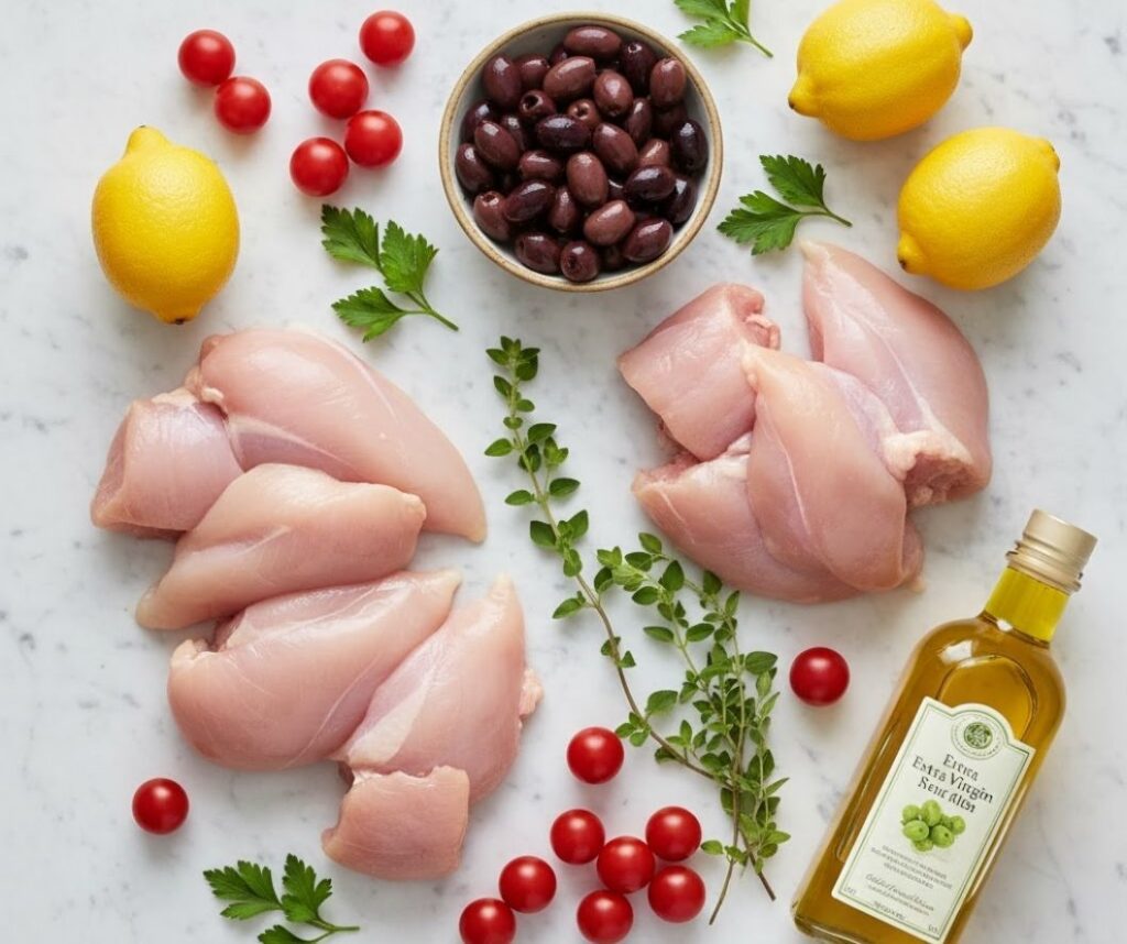 Flat lay collage of fresh Mediterranean ingredients: chicken, olives, lemons, tomatoes, and herbs.)