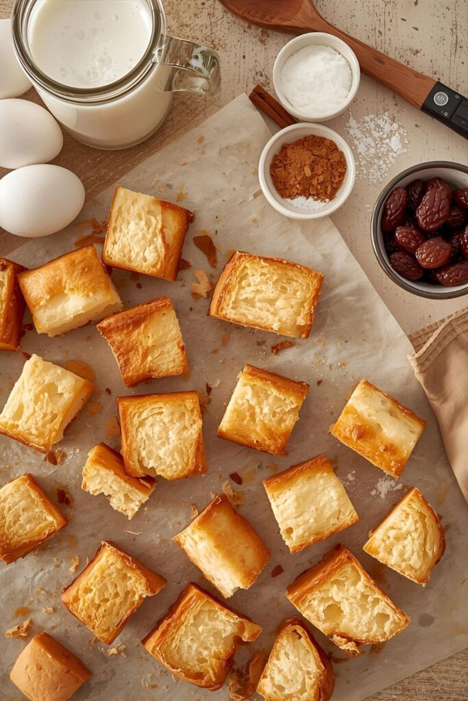 Ingredient collage for Mini bread pudding showing cubed stale bread, milk, eggs, sugar, vanilla, cinnamon, and raisins.
