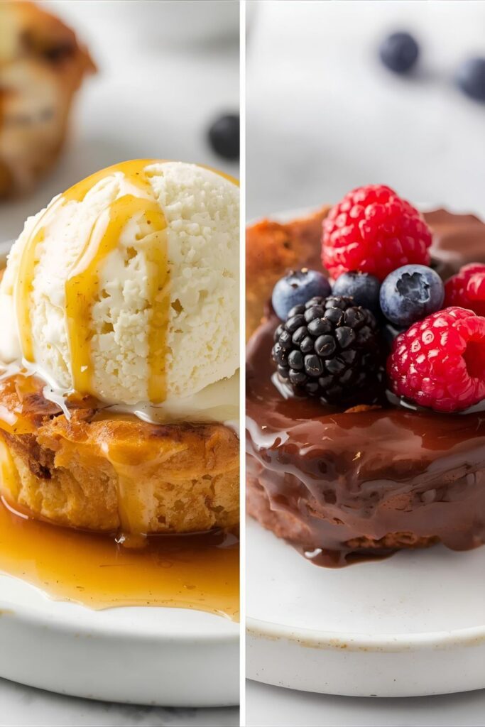 Macro view of two Mini bread pudding variants: one with ice cream and caramel, and a chocolate raspberry version topped with fresh berries.