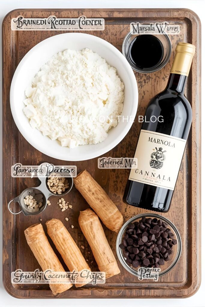 Ingredient collage for Mini cannoli showing strained ricotta, flour, Marsala wine, and small cannoli molds on a wooden surface.
