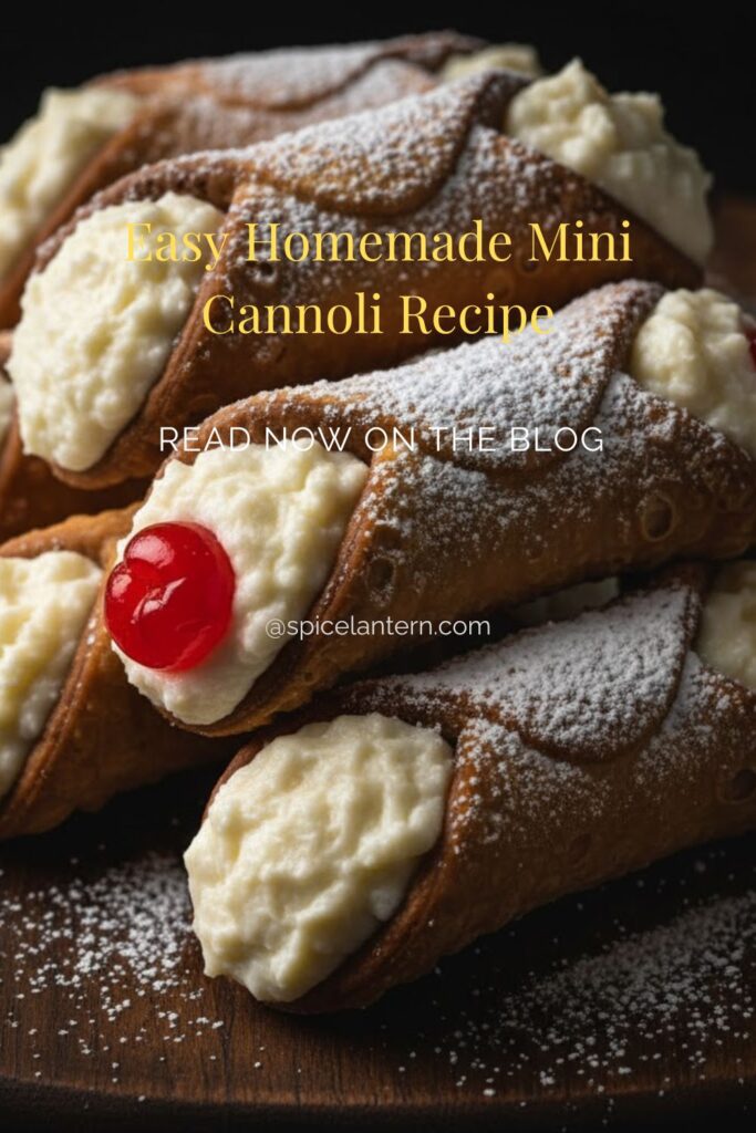 Close-up of several small, filled Mini cannoli dusted with powdered sugar, featuring "MINI CANNOLI" text overlay.