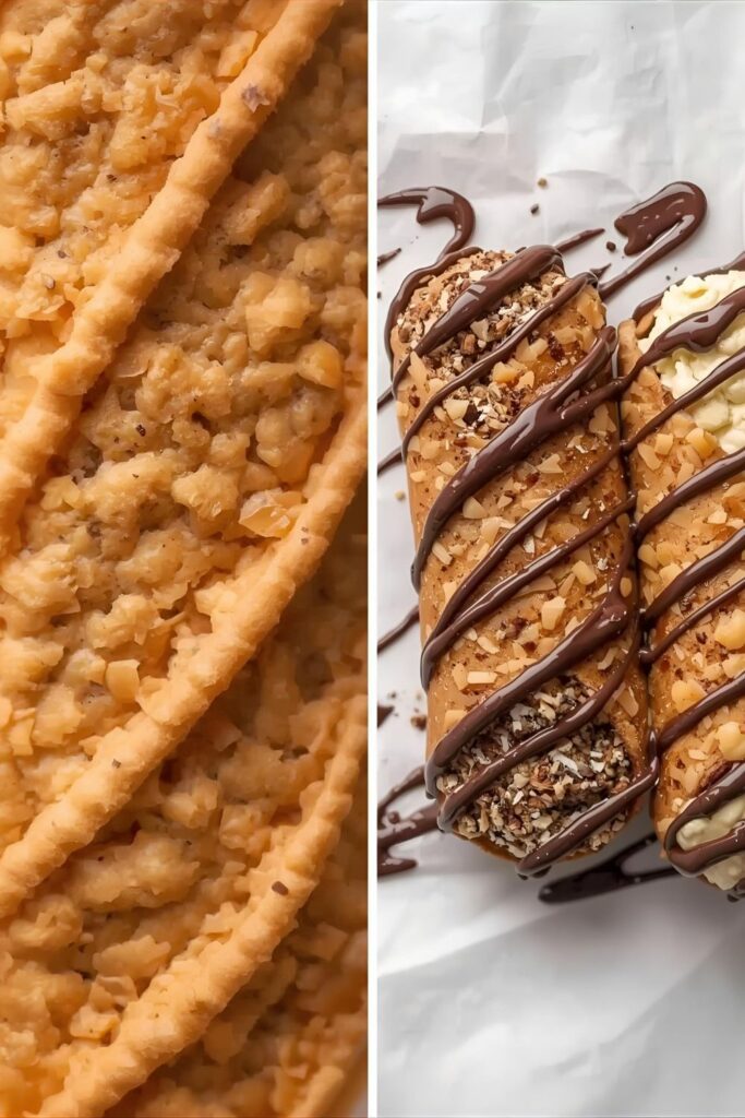 Macro view of two Mini cannoli variants: a close-up of the perfectly blistered shell, and two filled cannoli (one classic, one chocolate drizzle).