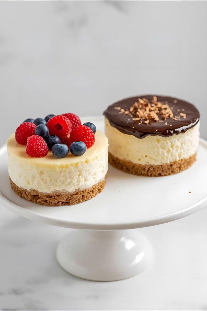 A photo of two separate variant mini cheesecakes: one topped with fresh raspberries and blueberries, and the other topped with chocolate ganache and chocolate shavings (a close look).