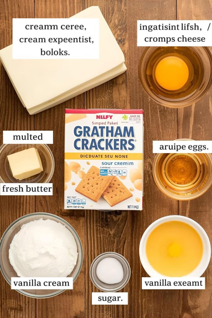 A flat lay collage showing all the key ingredients for the mini cheesecakes recipe: blocks of cream cheese, graham crackers, butter, sugar, eggs, sour cream, and vanilla extract, all artfully scattered on a kitchen counter.
