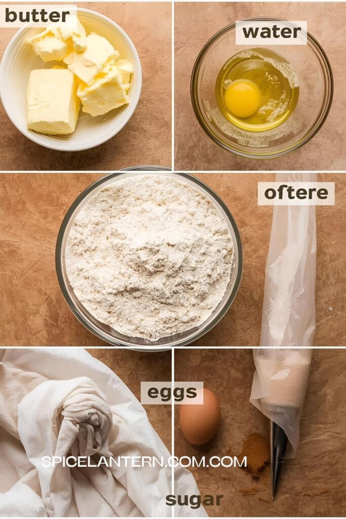 Flat lay ingredient collage for Mini churros showing butter, eggs, flour, water, and the essential star piping tip on a wooden surface.