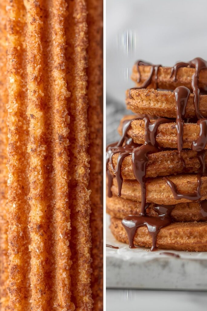 Macro view of two Mini churros variants: a close-up of a perfectly ridged, cinnamon-coated churro, and a small stack drizzled with dark chocolate glaze.