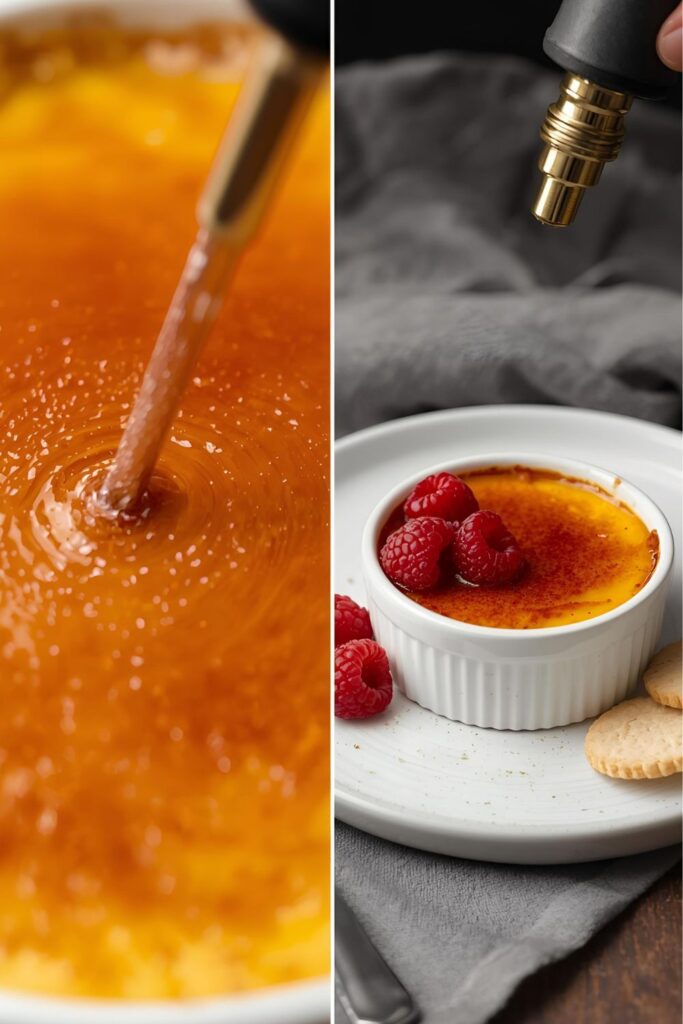 Two separate, styled images: one close-up of the torched sugar crust, and one shot of a finished brûlée plated with berries.