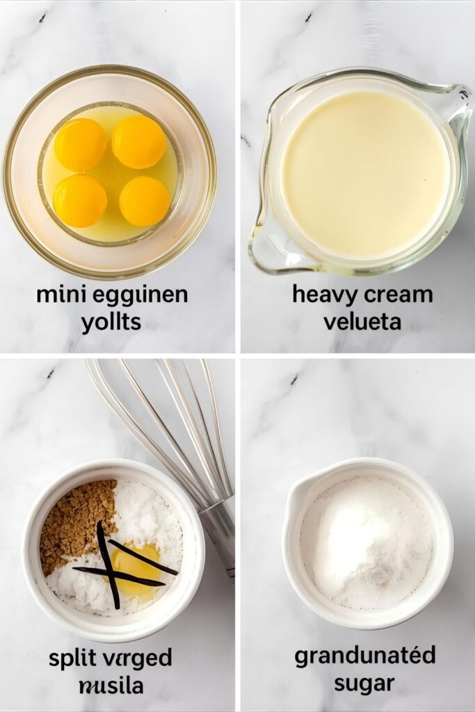 Flat lay collage of custard ingredients: egg yolks, heavy cream, vanilla bean, and sugar.