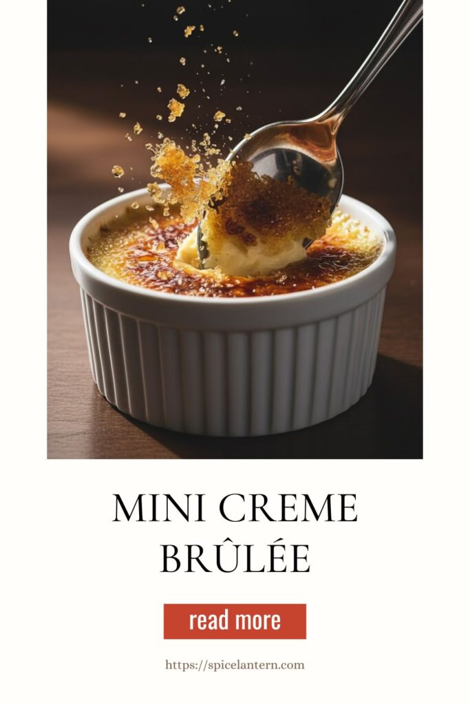 "MINI CREME BRÛLÉE" text overlay on a close-up of the sugar crust being cracked with a spoon.