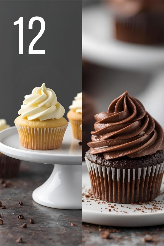 Two separate, styled images: one close-up of a vanilla mini cupcake, and one shot of a chocolate mini cupcake variant.