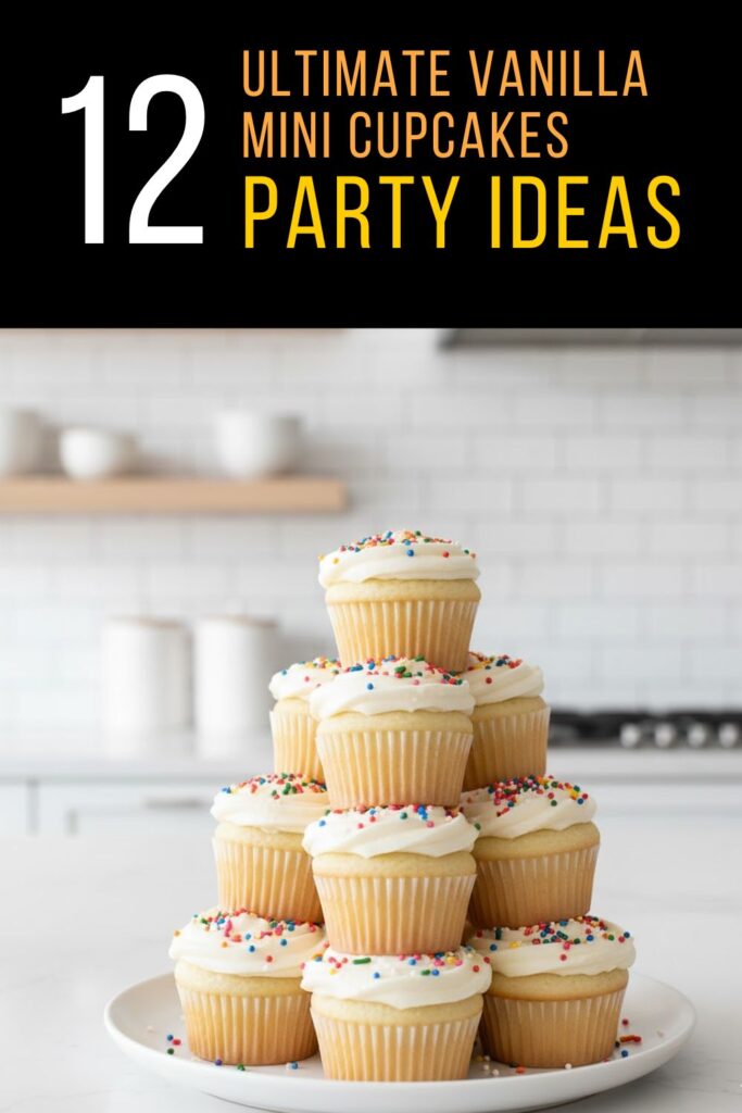 MINI CUPCAKES" text overlay on a stack of perfectly frosted vanilla mini cupcakes.
