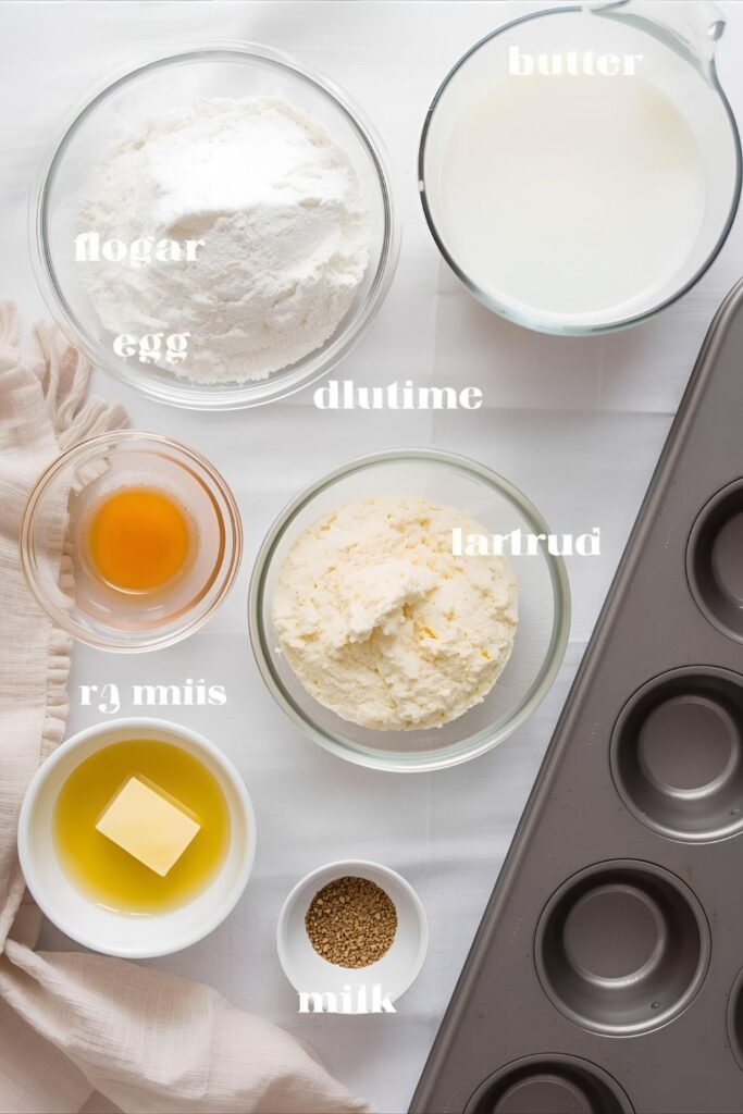 Collage of all dry and wet ingredients for baked mini donuts, including nutmeg and vanilla.