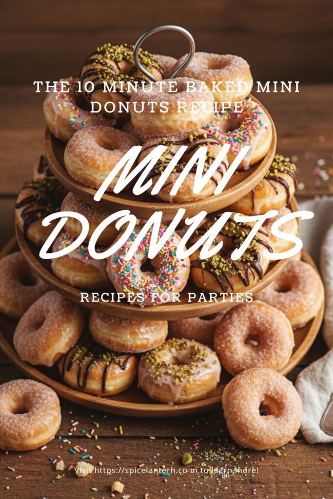 "MINI DONUTS" text overlay on a pile of glazed and sprinkled baked mini donuts.