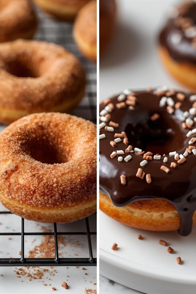 Two separate, styled images: one close-up of a cinnamon-sugar mini donut, and one shot of a double-chocolate mini donut variant.