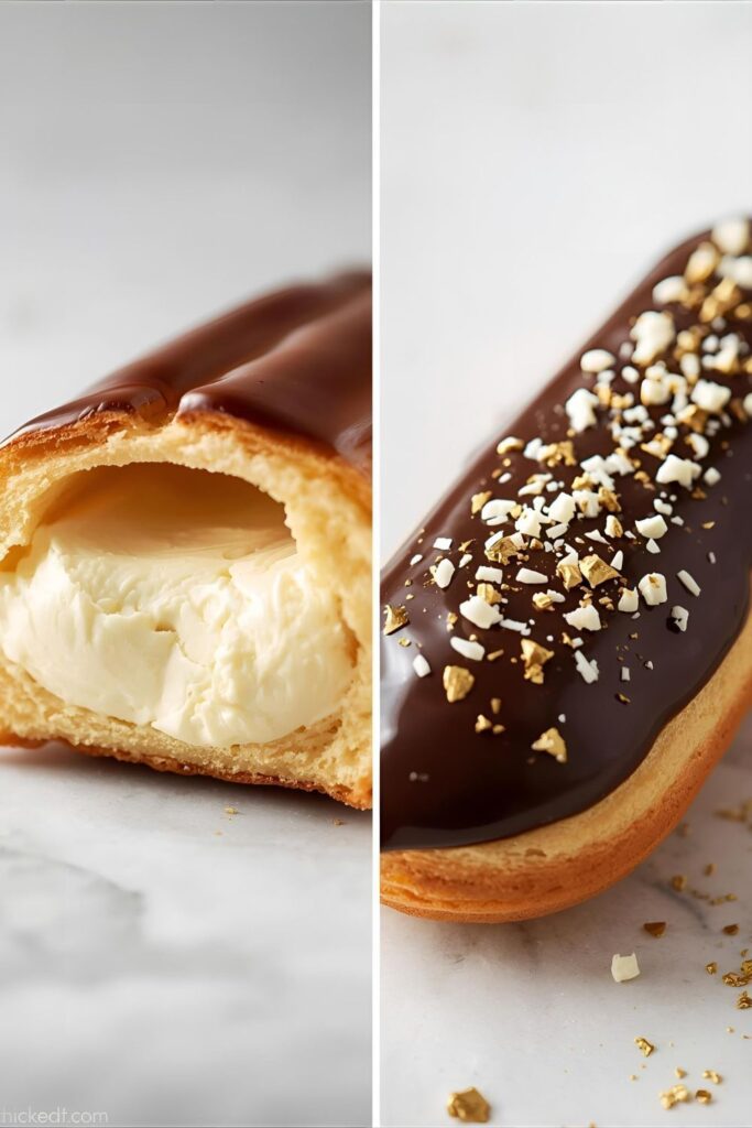 Two separate, styled images: one close-up of a filled eclair, and one shot of a finished eclair with a fancy garnish.