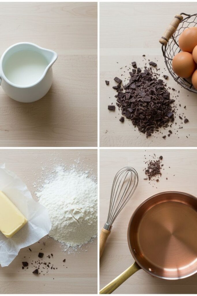 Collage of all core ingredients for mini eclairs: butter, milk, flour, eggs, and chocolate.