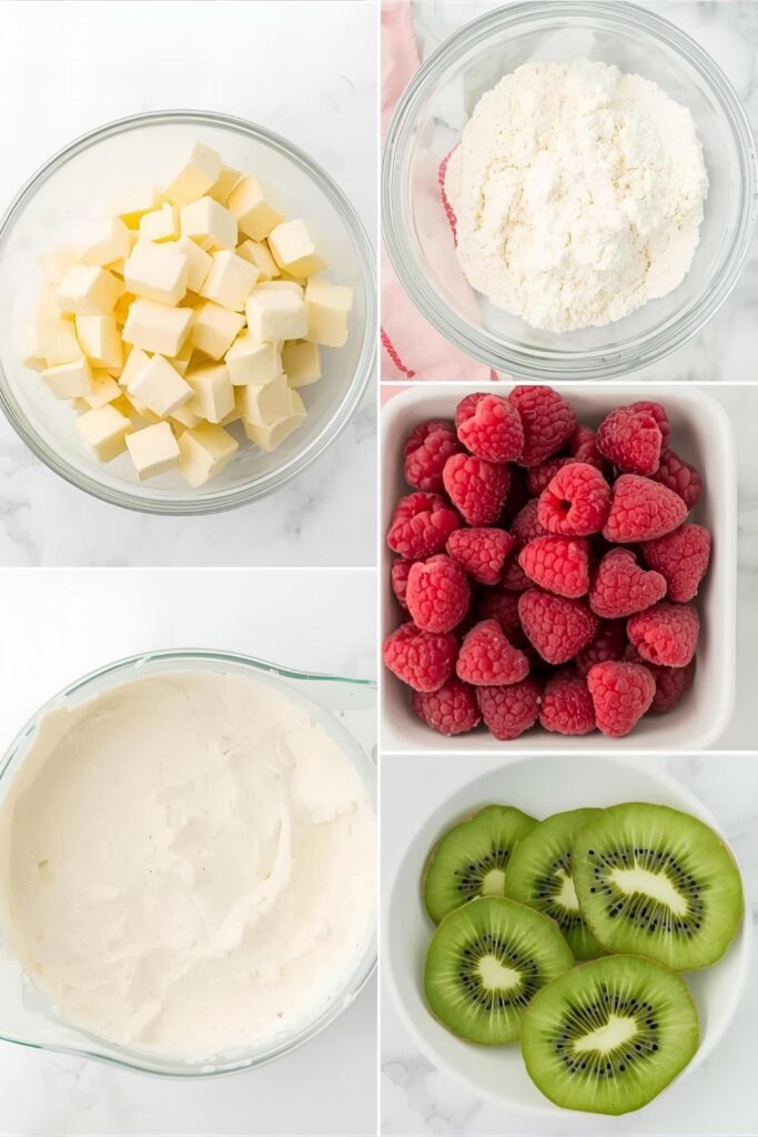 Ingredient collage for Mini fruit tarts showing cold butter cubes, flour, fresh berries, and the cream cheese filling base.