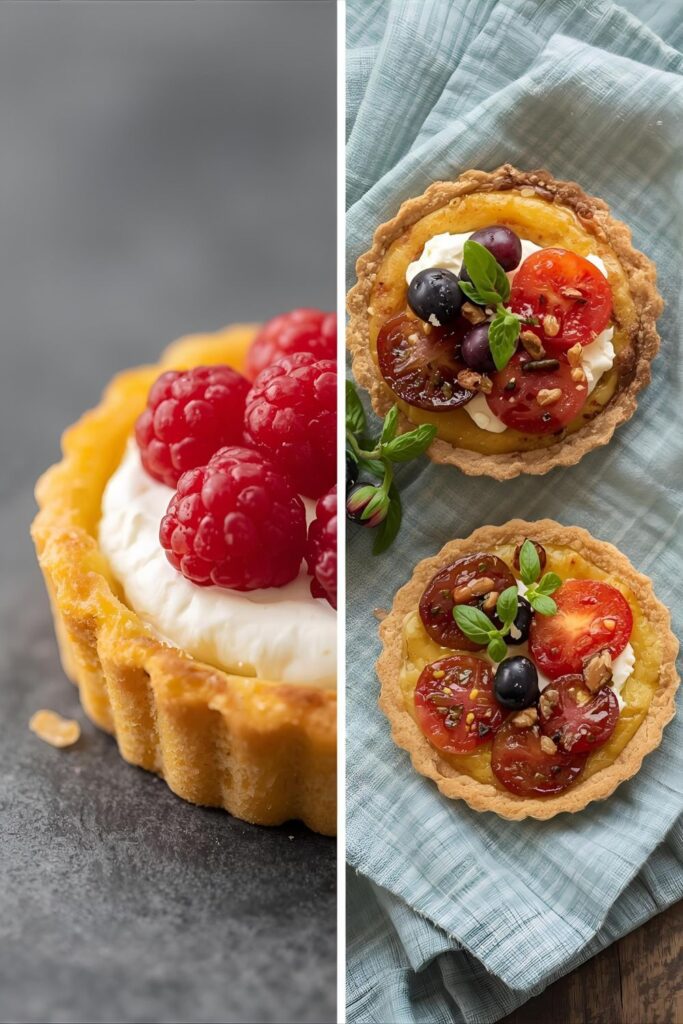 Macro view of two Mini fruit tarts variants: one classic berry tart and one savory goat cheese/tomato tart for contrast.