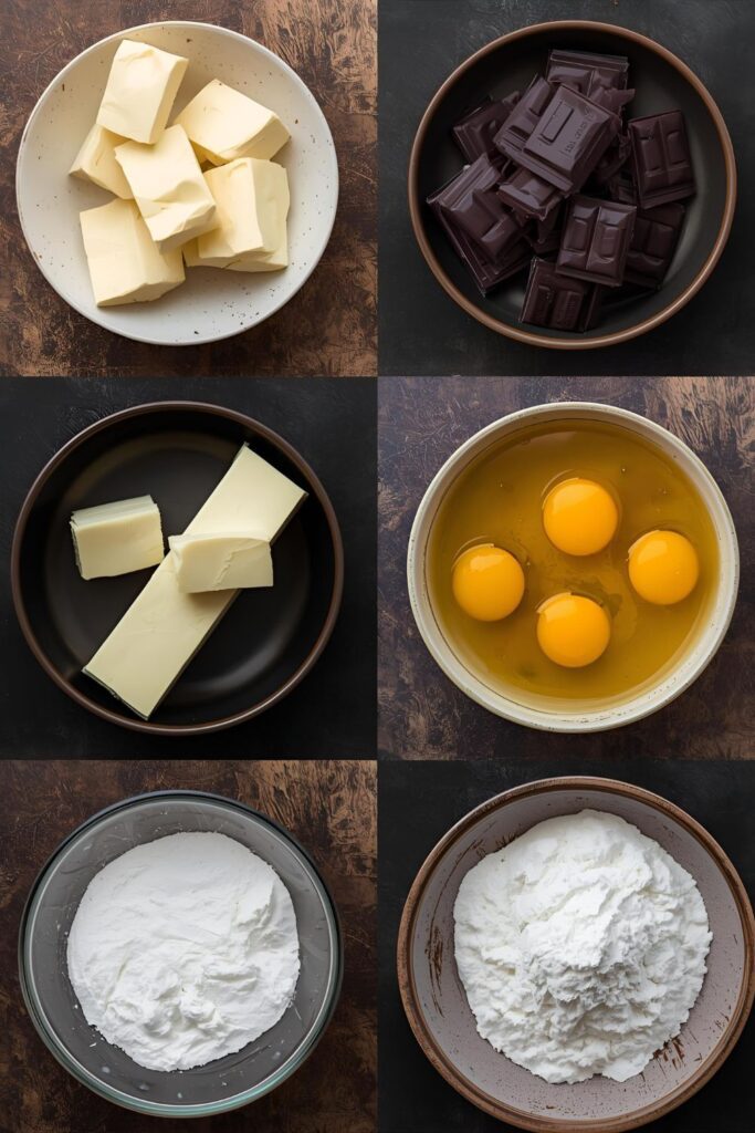 Ingredient collage for Mini Lava Cakes showing dark chocolate chunks, butter, eggs, powdered sugar, and flour.