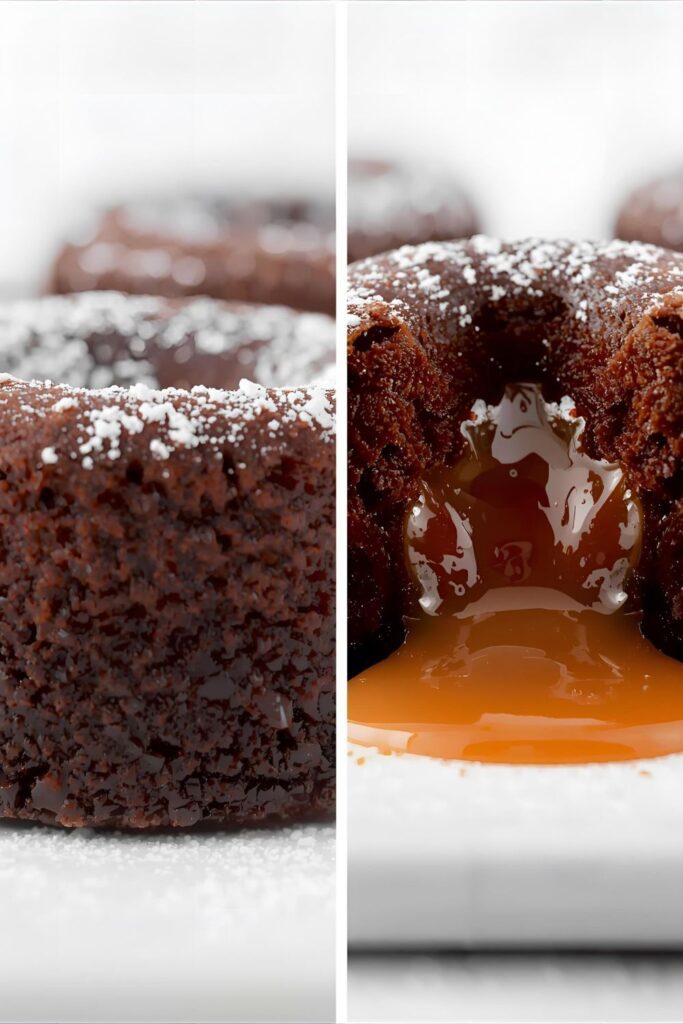 Macro view of two Mini Lava Cakes variants: a close-up of the crust with powdered sugar, and a sliced cake showing the salted caramel center.