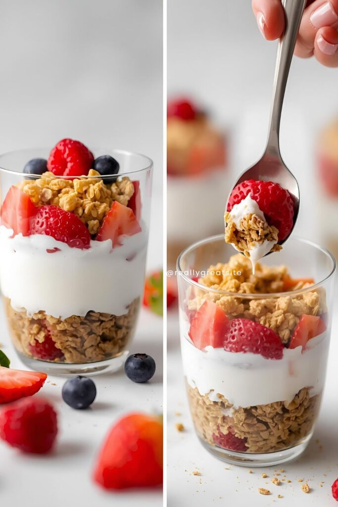 Two separate, styled images: one close-up of a parfait showing distinct layers, and one showing a spoon scooping a bite.