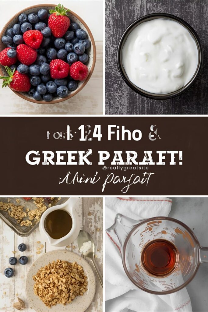 Flat lay collage of parfait components: Greek yogurt, fresh berries, granola, and maple syrup.