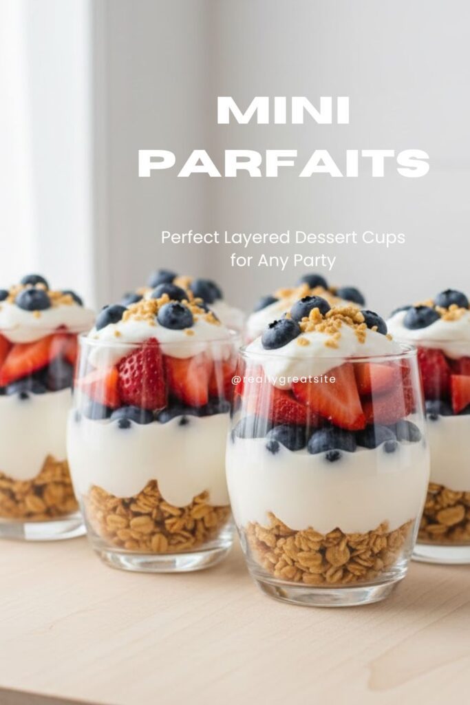 "MINI PARFAITS" text overlay on clear glass jars showing vibrant layers of yogurt, berries, and granola.
