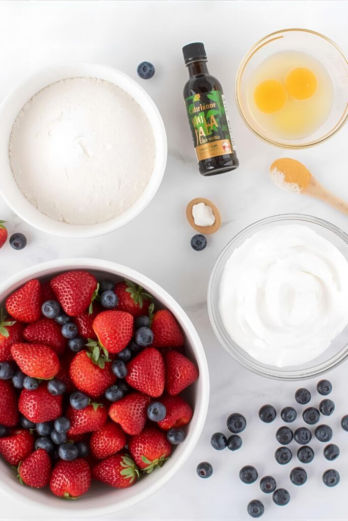 Flat lay collage of the raw ingredients: fresh egg whites, caster sugar, vanilla extract, a bowl of whipped cream, and colorful fresh strawberries and blueberries