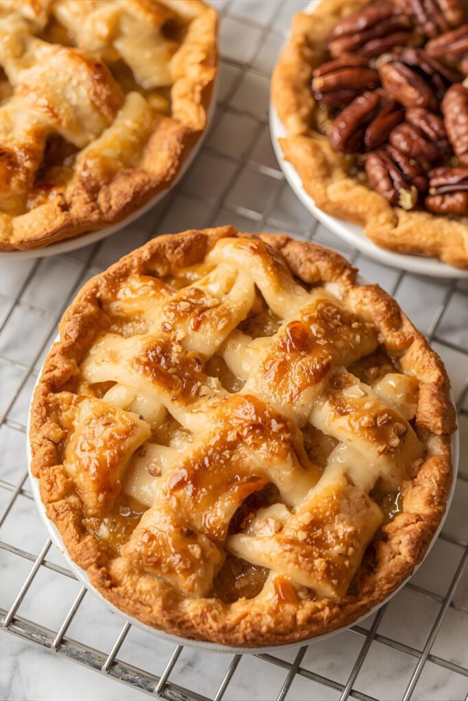 A photo of two separate variant cooked mini pies: one is a close-up of a classic apple pie with a lattice top, and the other is a pecan pie variant with a full pecan topping, beautifully arranged on a cooling rack.