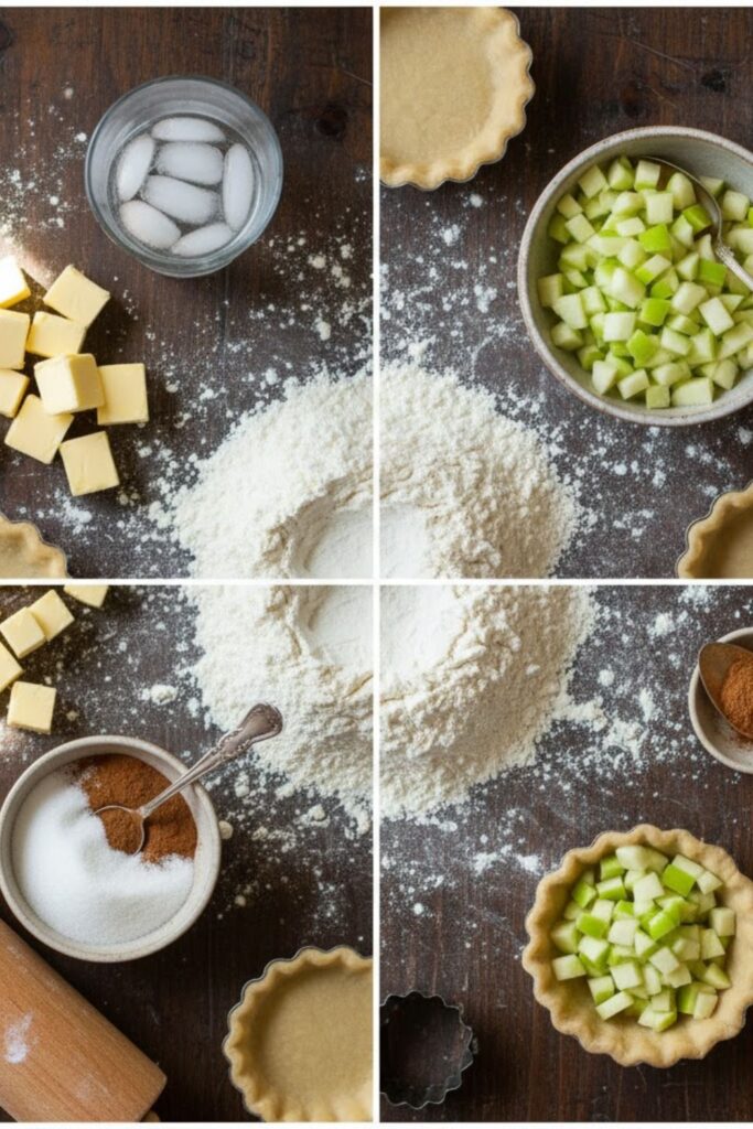 A flat lay collage showing all the key ingredients for the mini pies recipe: flour, cold cubed butter, ice water, diced apples, cinnamon, and sugar, arranged around a rolling pin