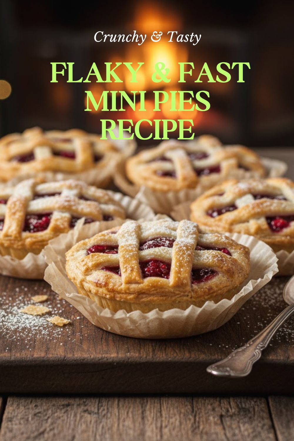 A close-up shot of several baked mini apple pies in a muffin tin, topped with golden lattice crusts and coarse sugar, with steam gently rising, showing a highly clickable viral angle.