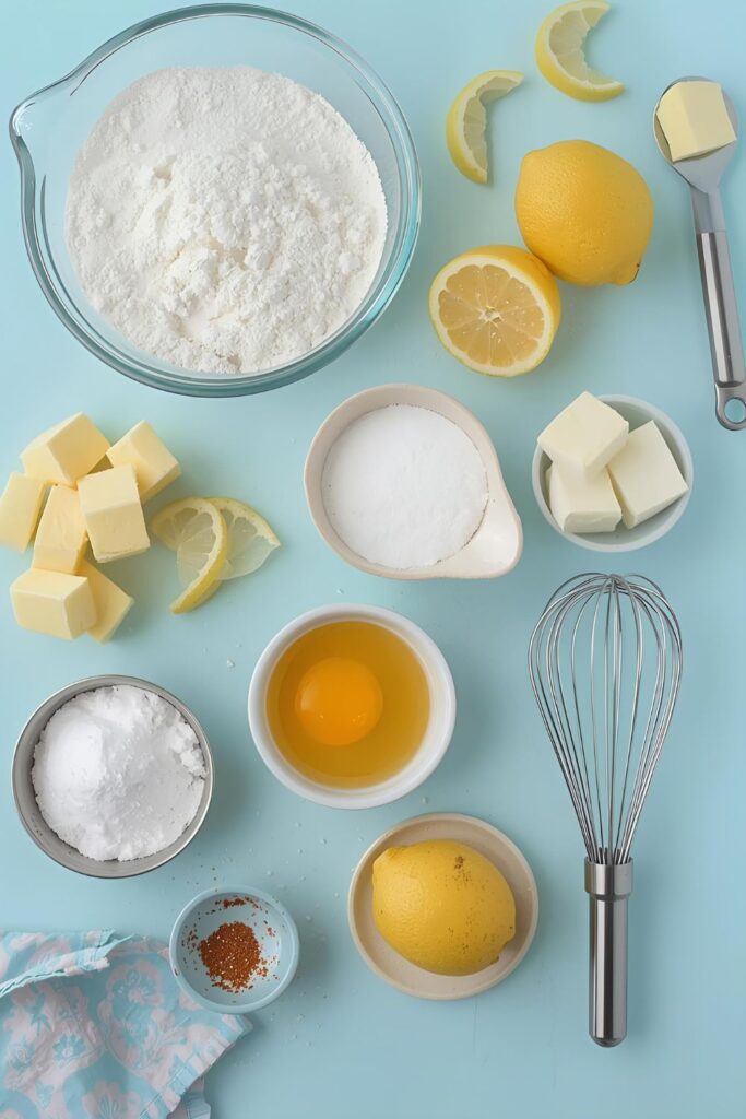A flat lay collage showing all the key ingredients for the mini tarts recipe: flour, cold cubed butter, powdered sugar, fresh lemons, eggs, and a small whisk, all arranged for a baking tutorial.